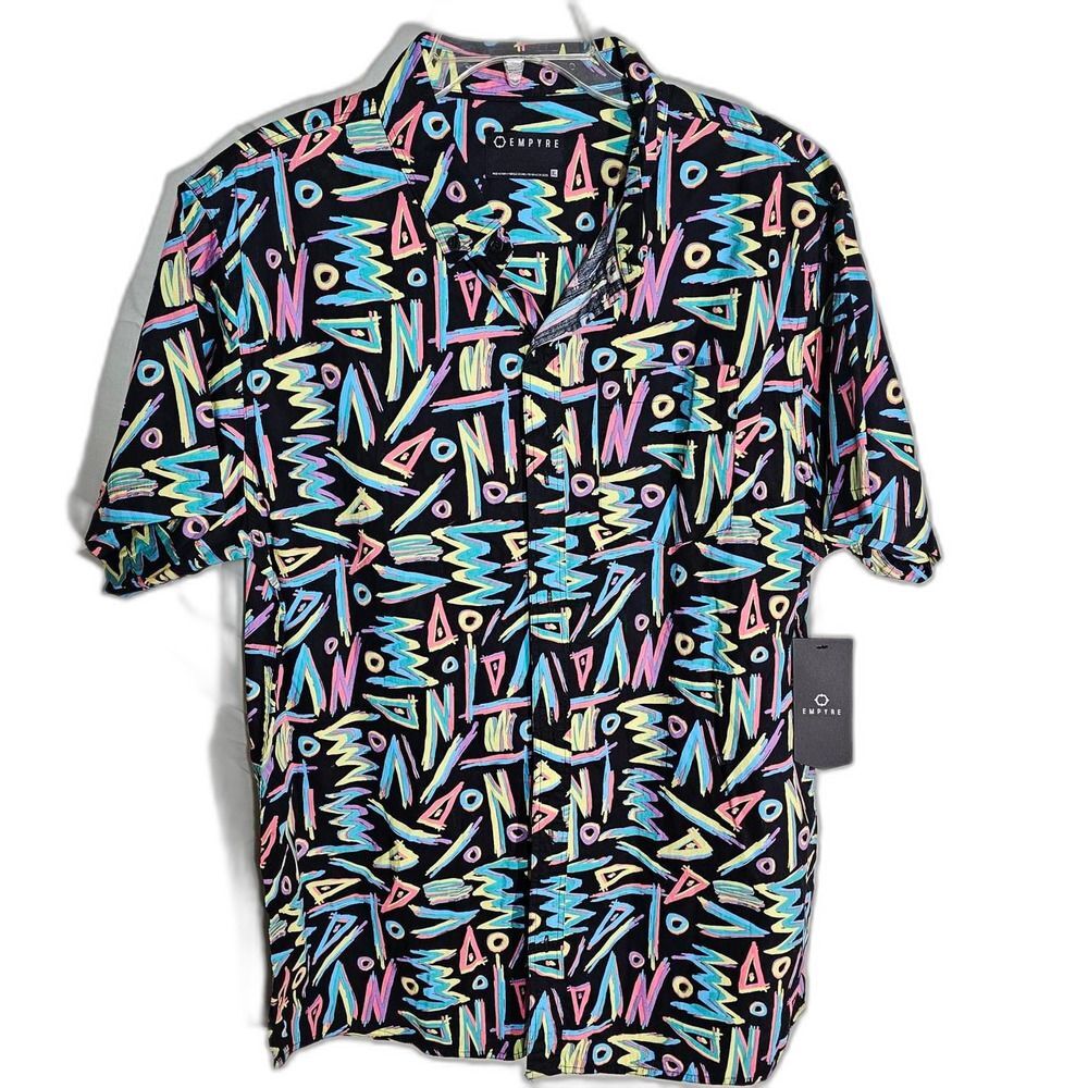NWT Empyre Abstract Geometric Button Down Shirt Retro Short Sleeve Mens XL